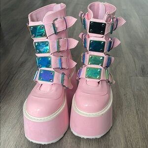 Pink Platform Boots with Iridescent Buckles